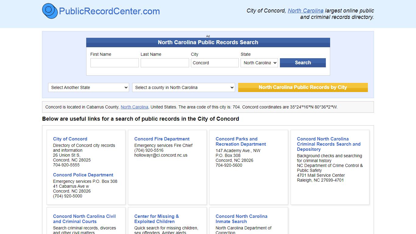 Concord, North Carolina Public Records and Criminal Background Check